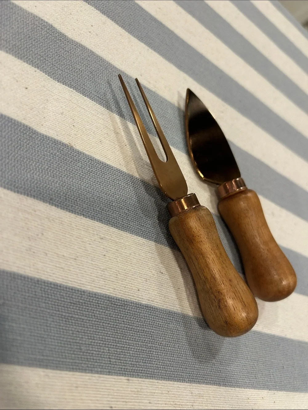 Wood-Handled Cheese Knife and Fork Set in Bronze Finish
